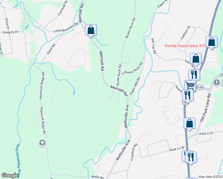 map of restaurants, bars, coffee shops, grocery stores, and more near 14 Merryall Road in New Milford