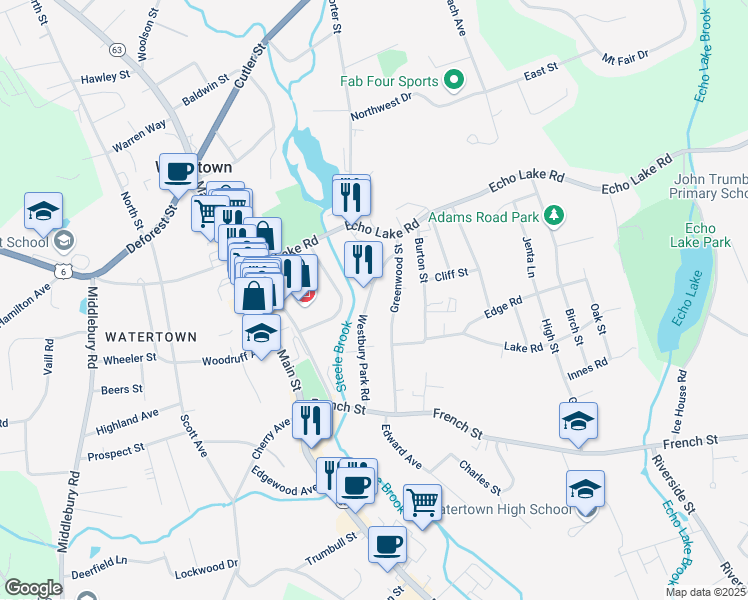 map of restaurants, bars, coffee shops, grocery stores, and more near 93 Westbury Park Road in Watertown