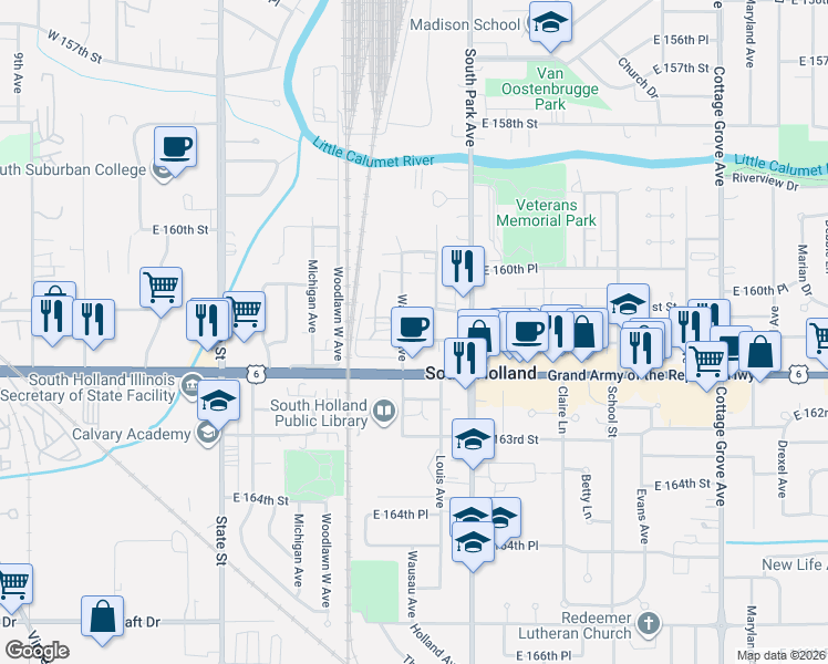 map of restaurants, bars, coffee shops, grocery stores, and more near 271 East 161st Street in South Holland
