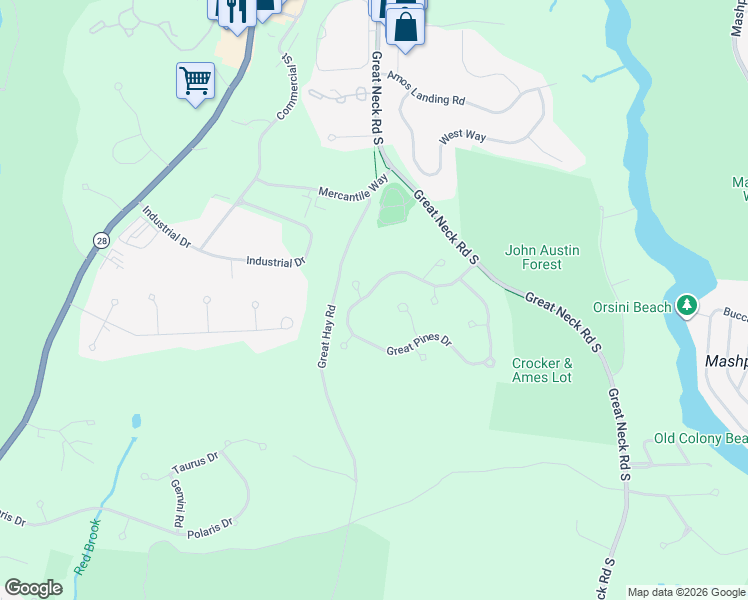 map of restaurants, bars, coffee shops, grocery stores, and more near 60 Great Pines Drive in Mashpee