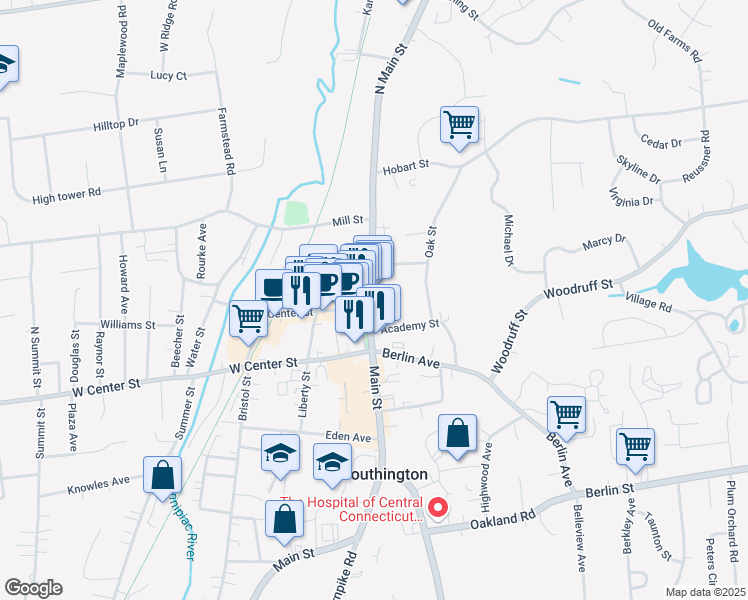 map of restaurants, bars, coffee shops, grocery stores, and more near 35 North Main Street in Southington