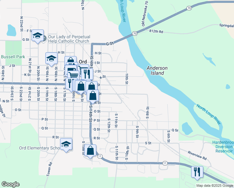 map of restaurants, bars, coffee shops, grocery stores, and more near 1090 M Street in Ord
