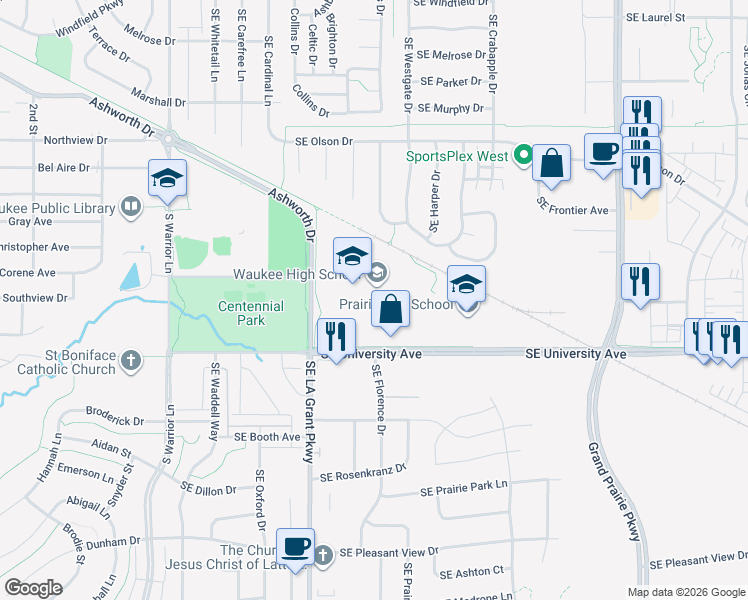 map of restaurants, bars, coffee shops, grocery stores, and more near 555 Southeast University Avenue in Waukee