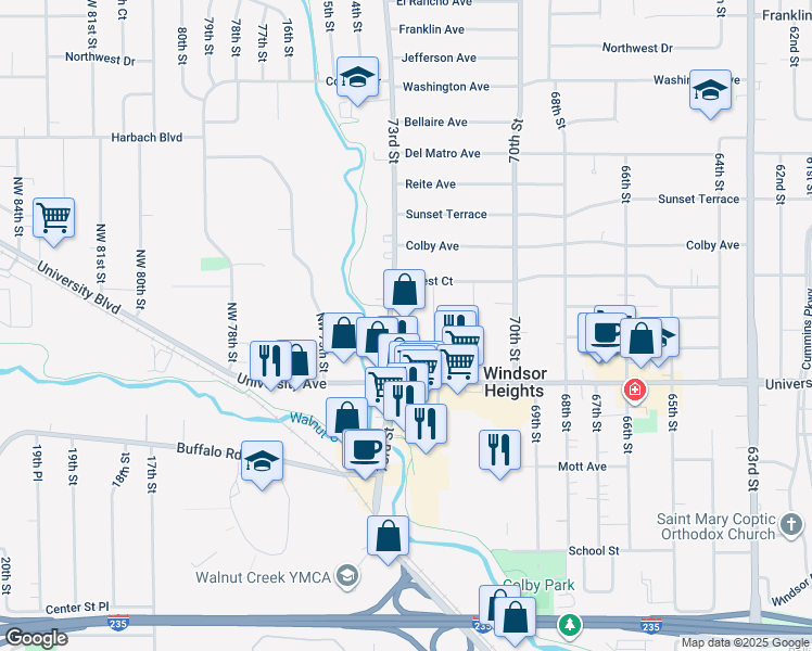 map of restaurants, bars, coffee shops, grocery stores, and more near 1251 73rd Street in Windsor Heights