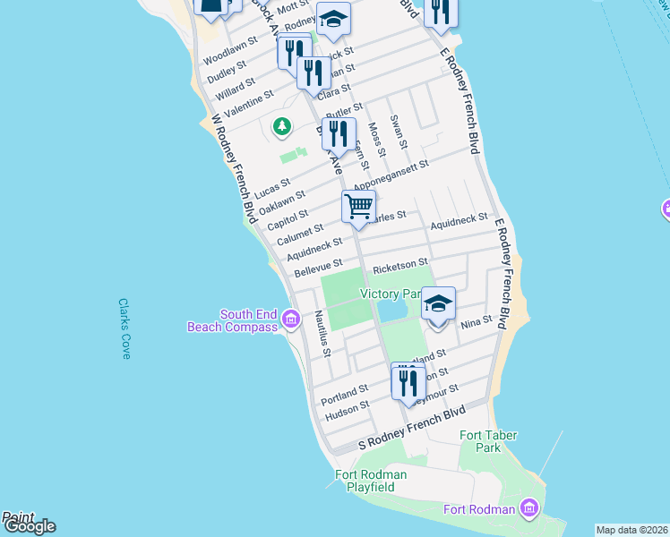 map of restaurants, bars, coffee shops, grocery stores, and more near 227 Bellevue Street in New Bedford