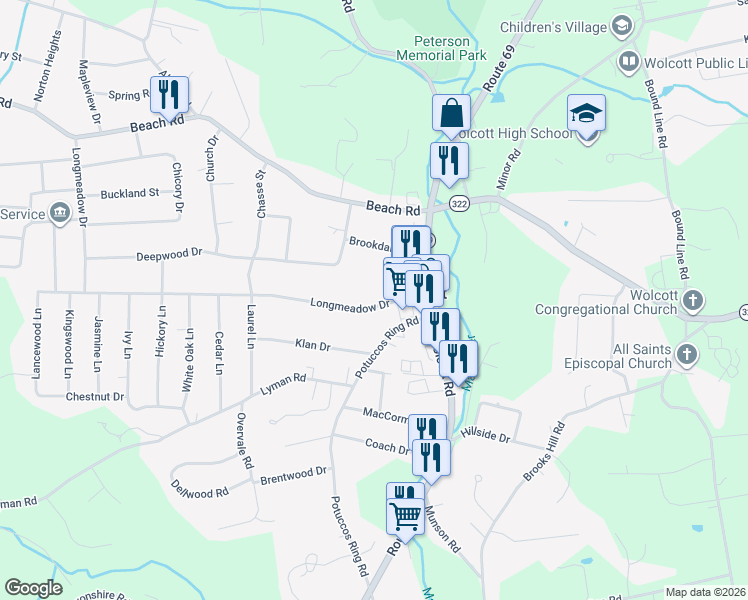 map of restaurants, bars, coffee shops, grocery stores, and more near 8 Longmeadow Drive in Wolcott