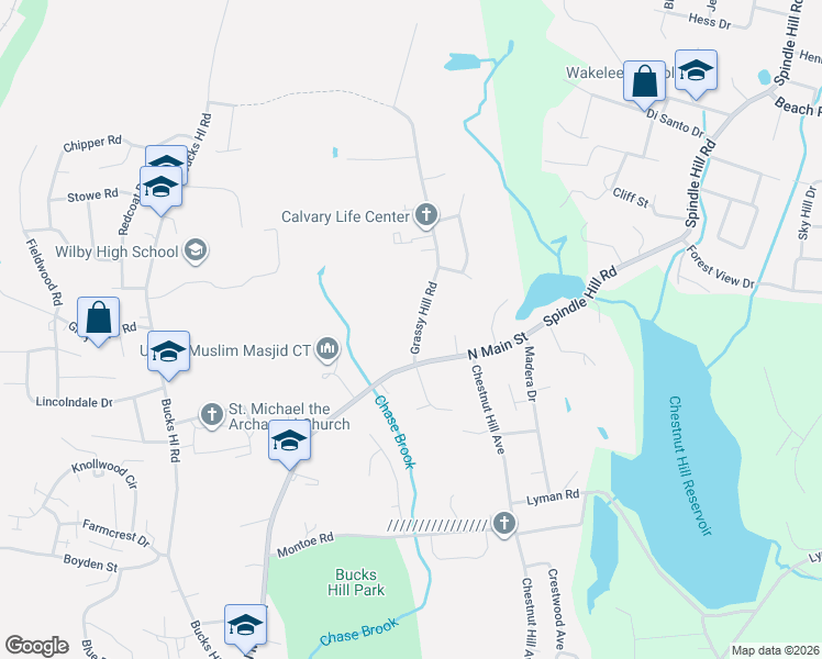map of restaurants, bars, coffee shops, grocery stores, and more near 45 Grassy Hill Road in Waterbury