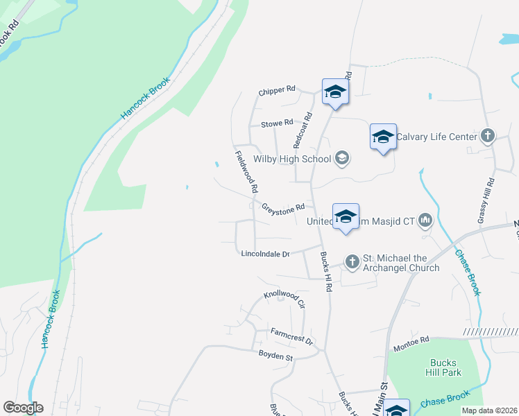 map of restaurants, bars, coffee shops, grocery stores, and more near 135 Greystone Road in Waterbury