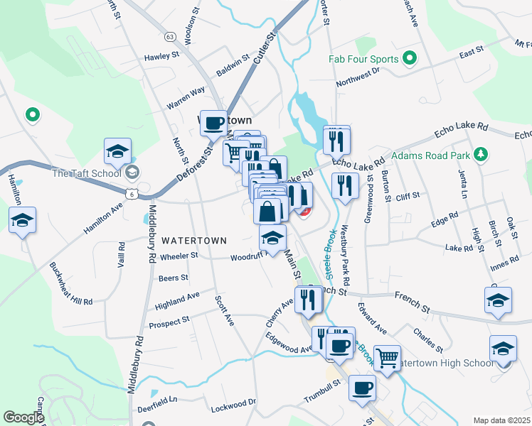 map of restaurants, bars, coffee shops, grocery stores, and more near 587 Main Street in Watertown