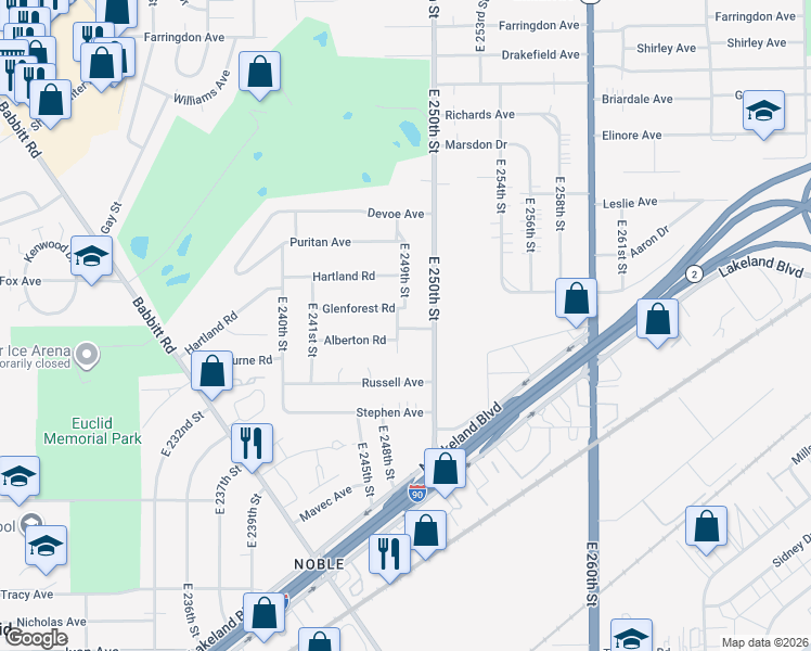 map of restaurants, bars, coffee shops, grocery stores, and more near 791 East 249th Street in Euclid