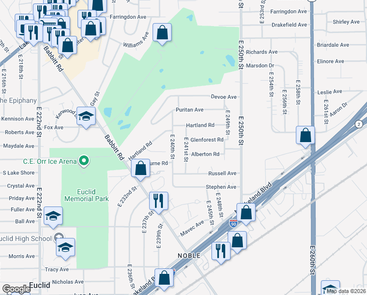 map of restaurants, bars, coffee shops, grocery stores, and more near 684 East 241st Street in Euclid