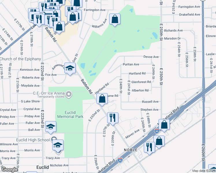 map of restaurants, bars, coffee shops, grocery stores, and more near 23701 Hartland Road in Euclid