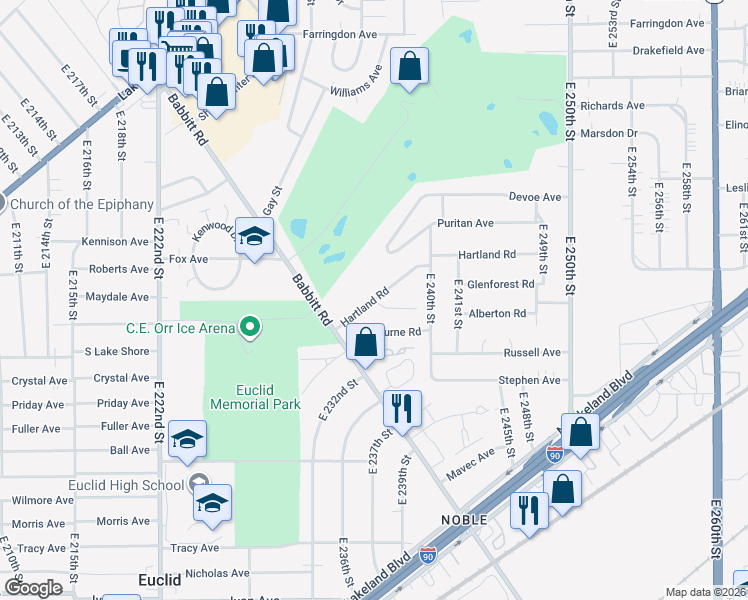 map of restaurants, bars, coffee shops, grocery stores, and more near 23701 Hartland Road in Euclid