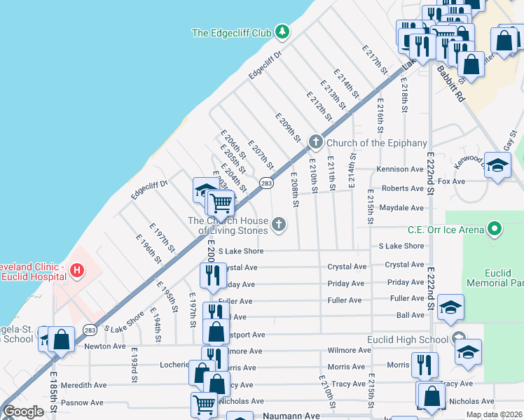 map of restaurants, bars, coffee shops, grocery stores, and more near 236 East 206th Street in Euclid