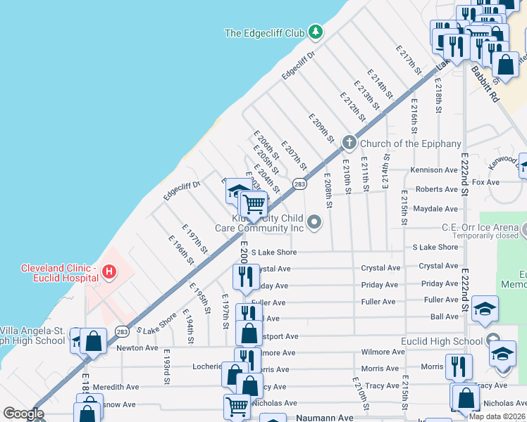 map of restaurants, bars, coffee shops, grocery stores, and more near 20303 Lakeshore Boulevard in Euclid