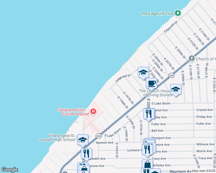 map of restaurants, bars, coffee shops, grocery stores, and more near 19641 Edgecliff Drive in Euclid