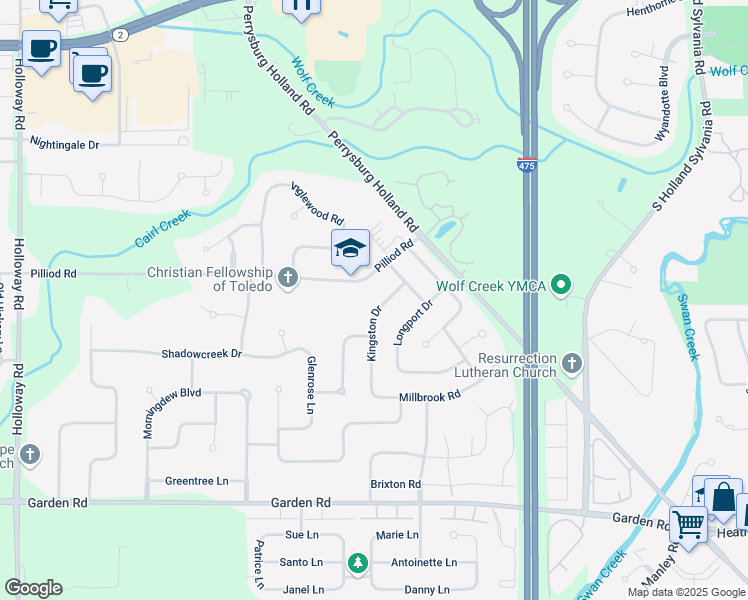 map of restaurants, bars, coffee shops, grocery stores, and more near 6591 Pilliod Road in Holland