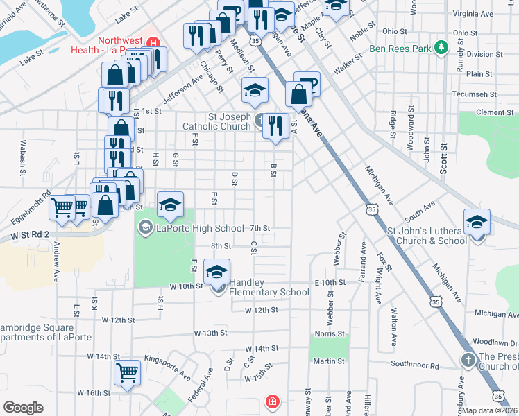 map of restaurants, bars, coffee shops, grocery stores, and more near 202 5th Street in La Porte