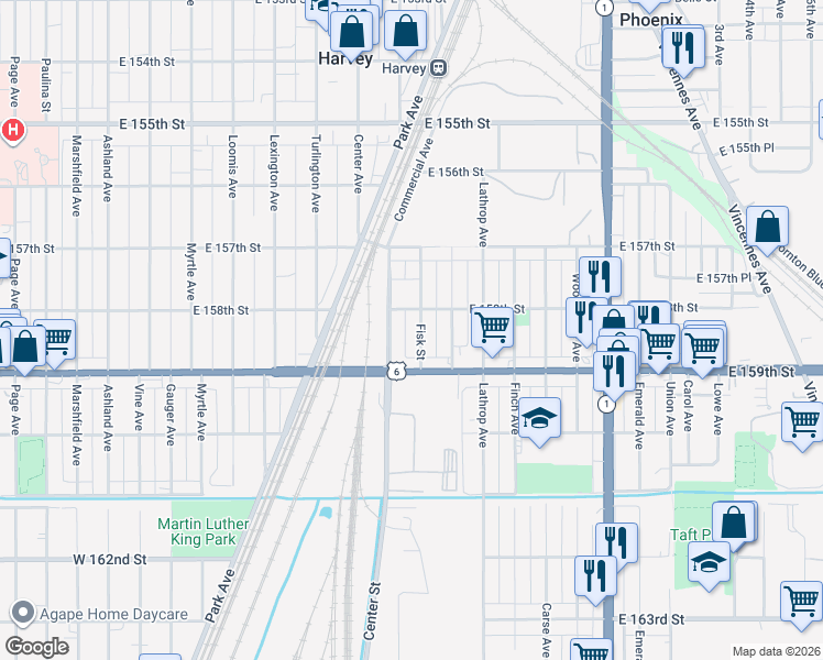 map of restaurants, bars, coffee shops, grocery stores, and more near 15801 Fisk Street in Harvey