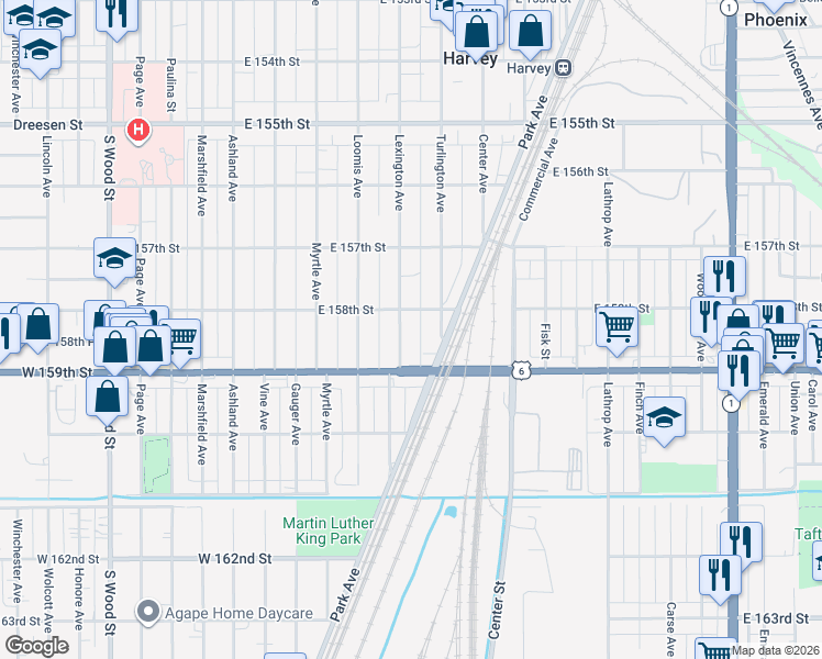 map of restaurants, bars, coffee shops, grocery stores, and more near 15801 Lexington Avenue in Harvey