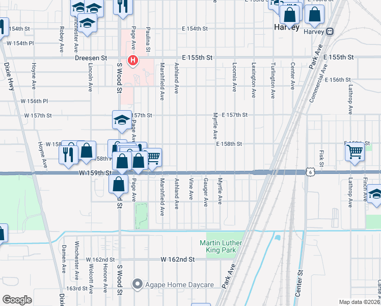 map of restaurants, bars, coffee shops, grocery stores, and more near 15809 Ashland Avenue in Harvey