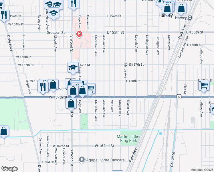 map of restaurants, bars, coffee shops, grocery stores, and more near 15809 Ashland Avenue in Harvey