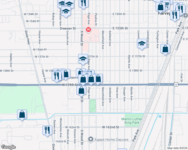 map of restaurants, bars, coffee shops, grocery stores, and more near 15800 Paulina Street in Harvey