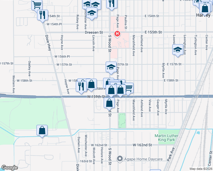 map of restaurants, bars, coffee shops, grocery stores, and more near 114 West 158th Street in Harvey
