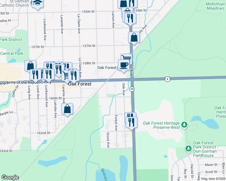 map of restaurants, bars, coffee shops, grocery stores, and more near 15940 Forest Avenue in Oak Forest