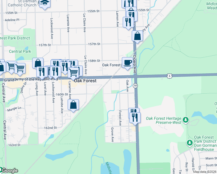 map of restaurants, bars, coffee shops, grocery stores, and more near 4959 159th Street in Oak Forest