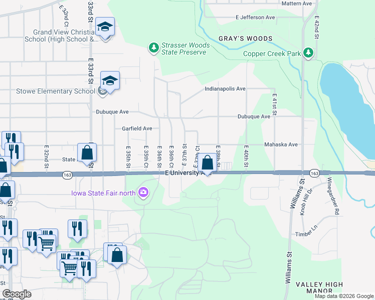 map of restaurants, bars, coffee shops, grocery stores, and more near 1251 East 37th Street in Des Moines