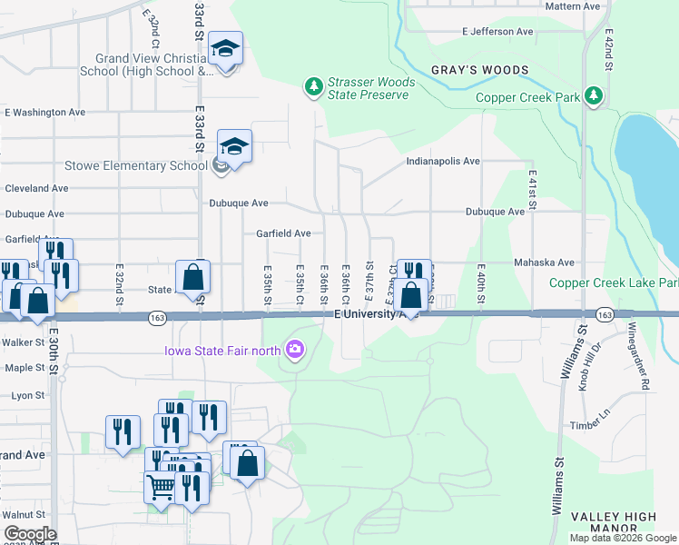 map of restaurants, bars, coffee shops, grocery stores, and more near 1251 East 36th Court in Des Moines
