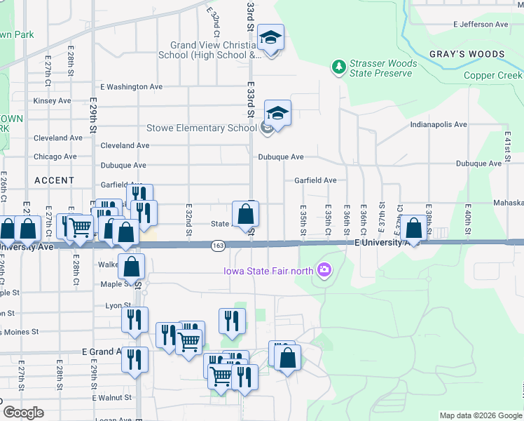 map of restaurants, bars, coffee shops, grocery stores, and more near 1254 East 33rd Court in Des Moines