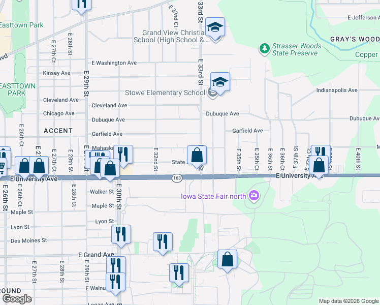 map of restaurants, bars, coffee shops, grocery stores, and more near 1260 East 33rd Street in Des Moines