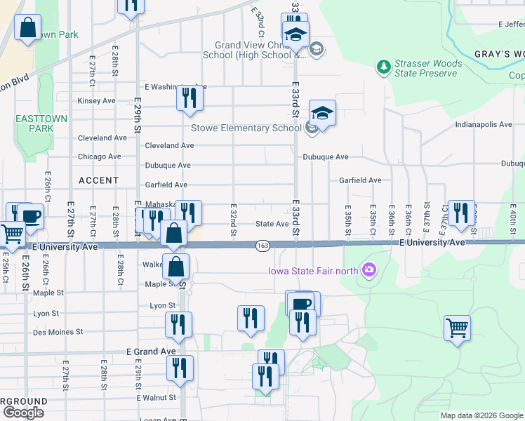 map of restaurants, bars, coffee shops, grocery stores, and more near 3234 Mahaska Avenue in Des Moines