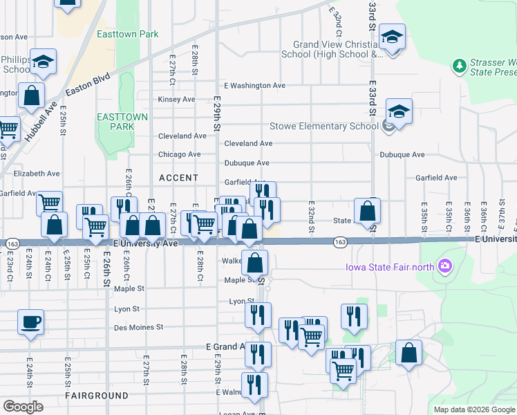 map of restaurants, bars, coffee shops, grocery stores, and more near 3004 Mahaska Avenue in Des Moines