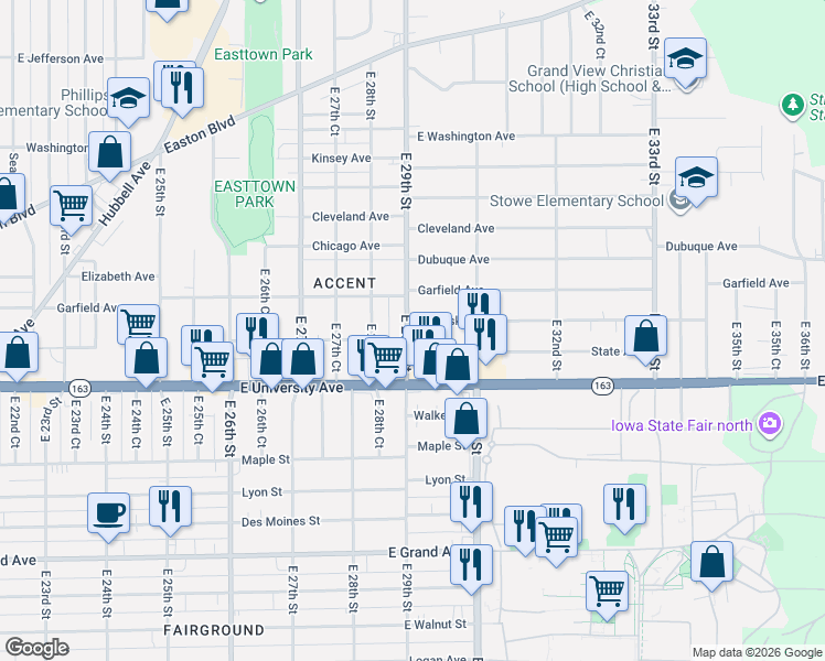 map of restaurants, bars, coffee shops, grocery stores, and more near 2902 Mahaska Avenue in Des Moines
