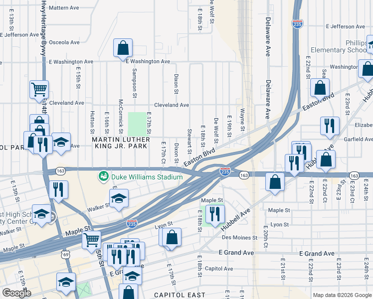 map of restaurants, bars, coffee shops, grocery stores, and more near 1269 Stewart Street in Des Moines