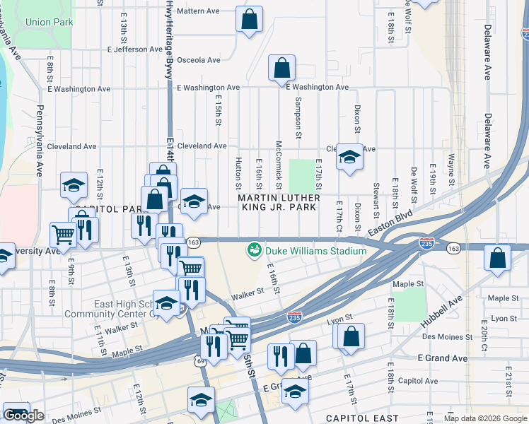 map of restaurants, bars, coffee shops, grocery stores, and more near 1248 East 16th Street in Des Moines