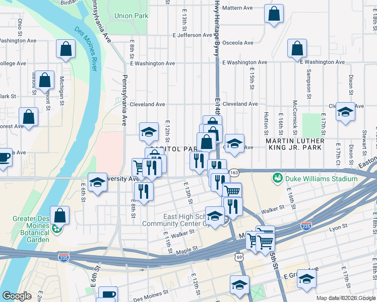 map of restaurants, bars, coffee shops, grocery stores, and more near 1307 East 13th Street in Des Moines