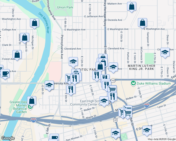 map of restaurants, bars, coffee shops, grocery stores, and more near 1307 East 13th Street in Des Moines
