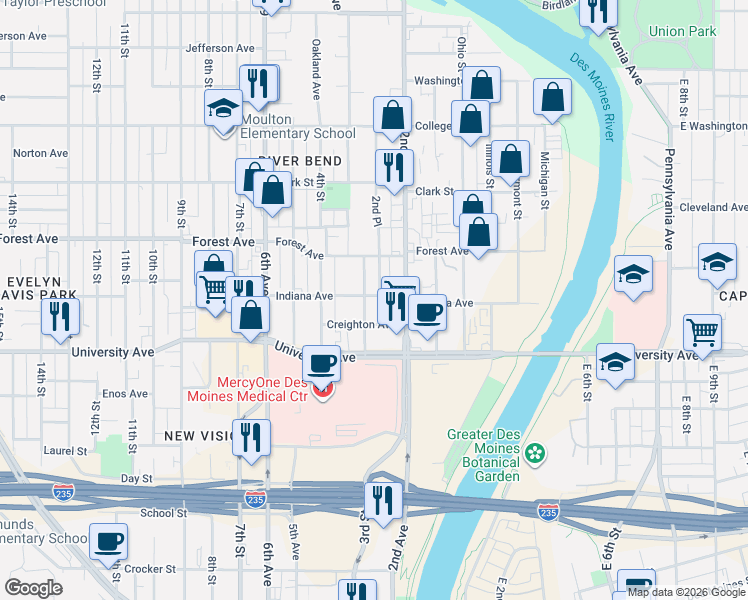 map of restaurants, bars, coffee shops, grocery stores, and more near 225 Indiana Avenue in Des Moines