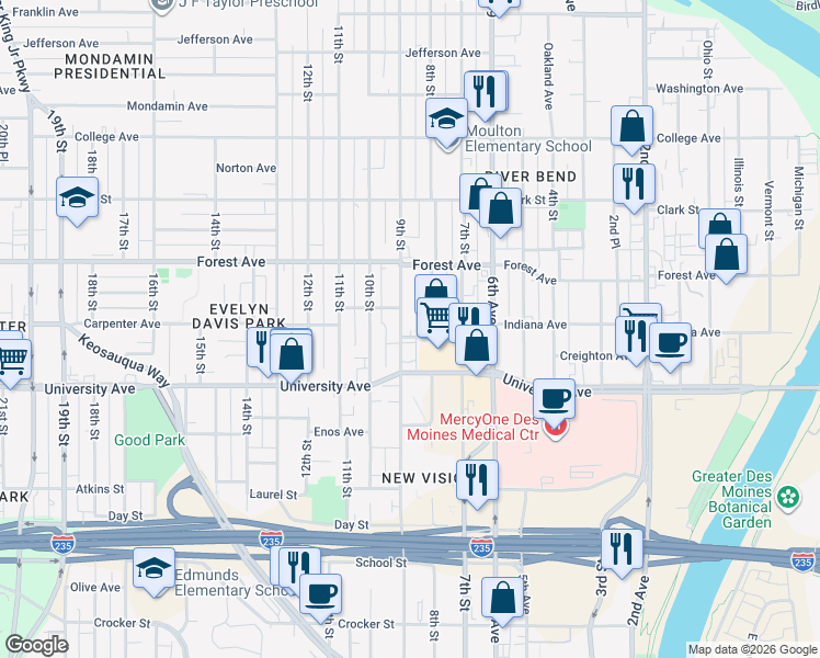 map of restaurants, bars, coffee shops, grocery stores, and more near 1314 8th Street in Des Moines