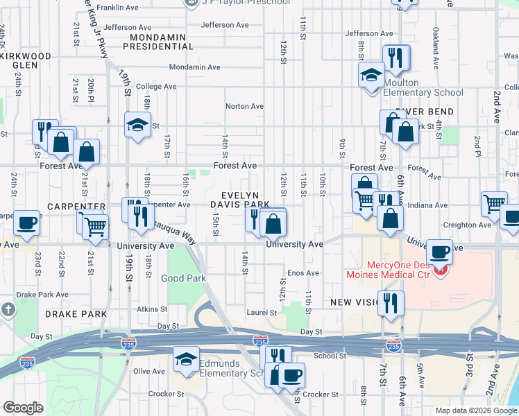 map of restaurants, bars, coffee shops, grocery stores, and more near 1306 13th Street in Des Moines