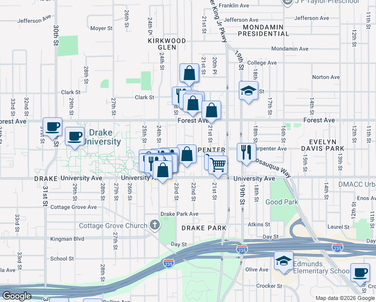 map of restaurants, bars, coffee shops, grocery stores, and more near 1325 22nd Street in Des Moines