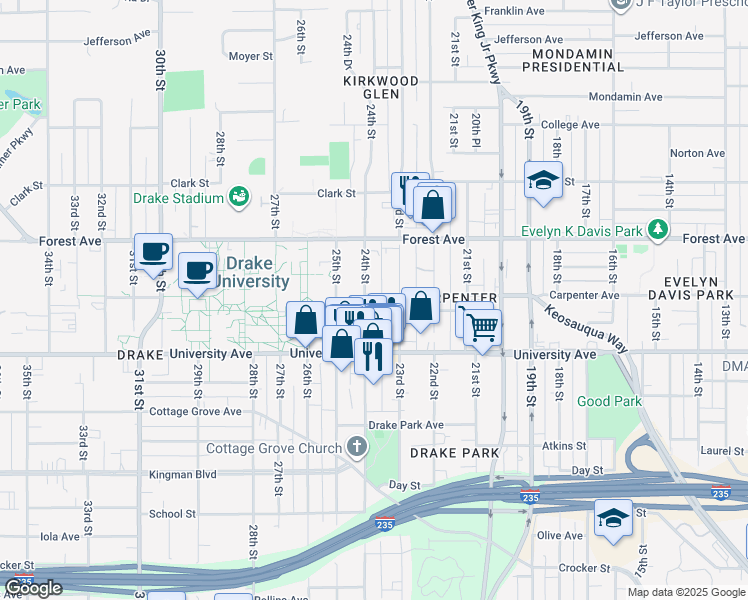 map of restaurants, bars, coffee shops, grocery stores, and more near 1323 24th Street in Des Moines