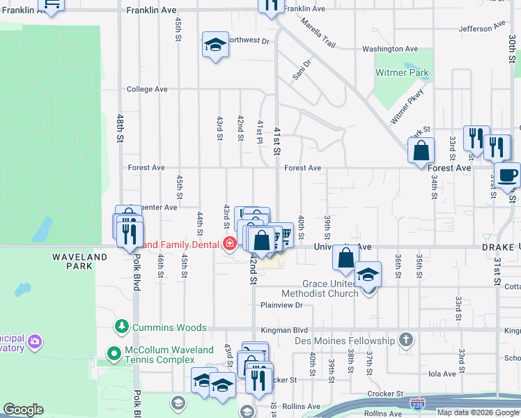 map of restaurants, bars, coffee shops, grocery stores, and more near 1306 41st Street in Des Moines