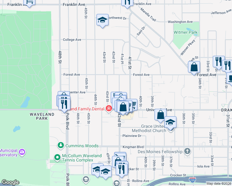map of restaurants, bars, coffee shops, grocery stores, and more near 1308 42nd Street in Des Moines