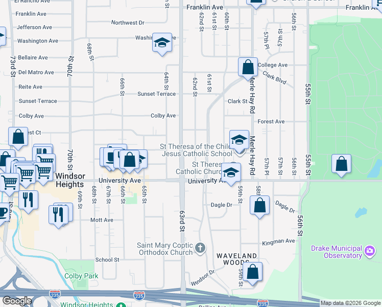 map of restaurants, bars, coffee shops, grocery stores, and more near 1329 63rd Street in Des Moines