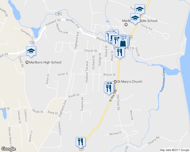 map of restaurants, bars, coffee shops, grocery stores, and more near 39 Bloom Street in Marlboro